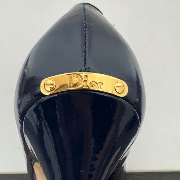 MISS DIOR Escarpin11 Patent Leather Navy Bleu fonce Veau Peep Toe Platform EU 40 - Picture 8 of 13